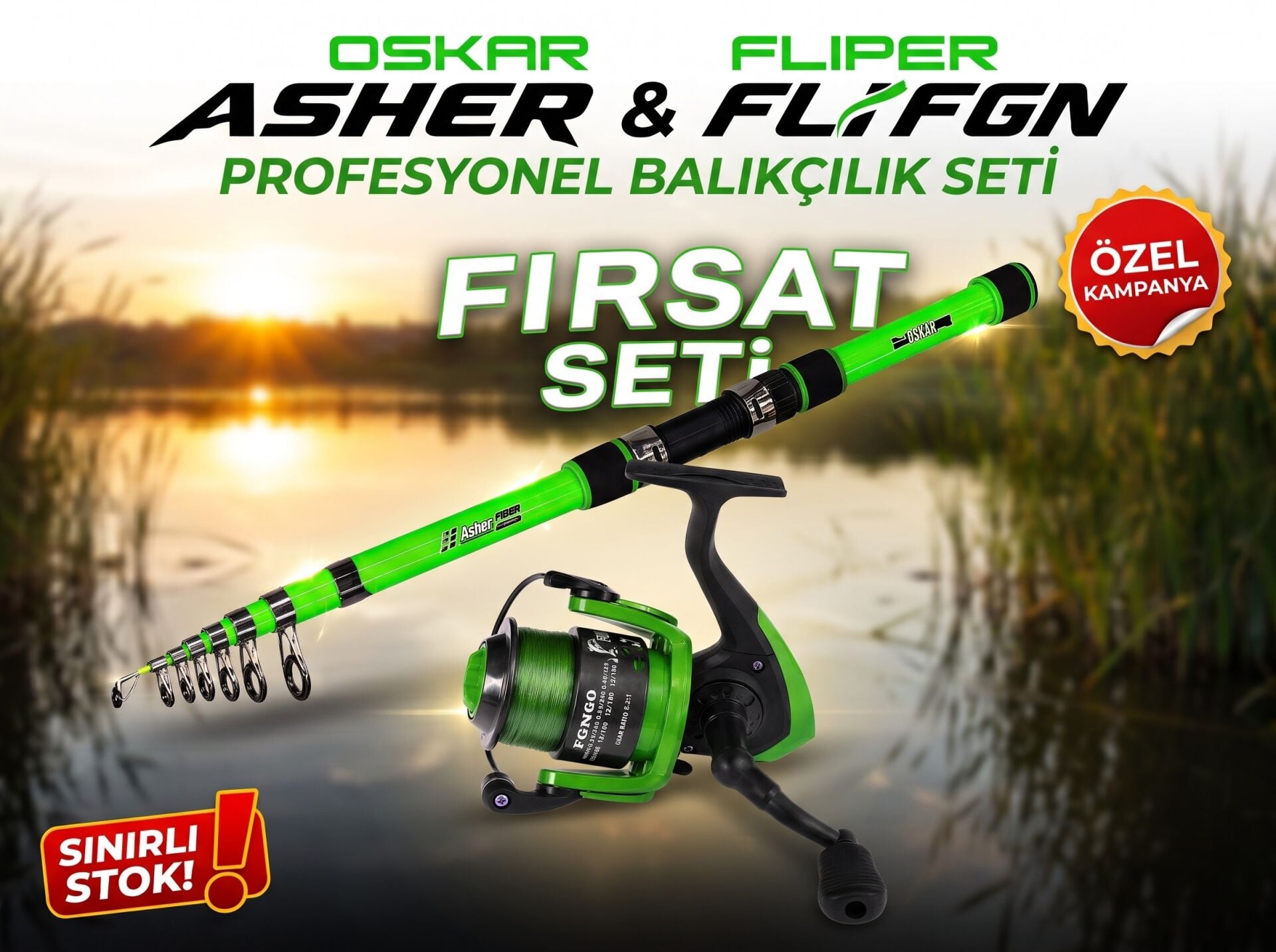 Oskar Asher Olta Kamışı ve FGN4000 Olta Makinesi Yeşil Fırsat Seti