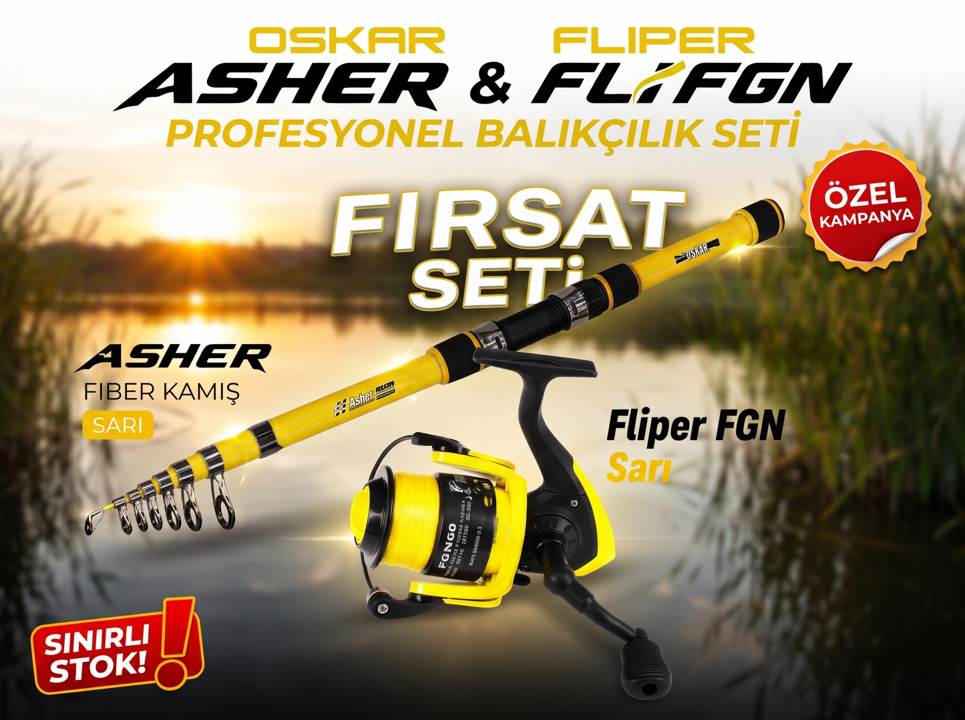 Oskar Asher Olta Kamışı ve FGN4000 Olta Makinesi Sarı Fırsat Seti 3,60MT