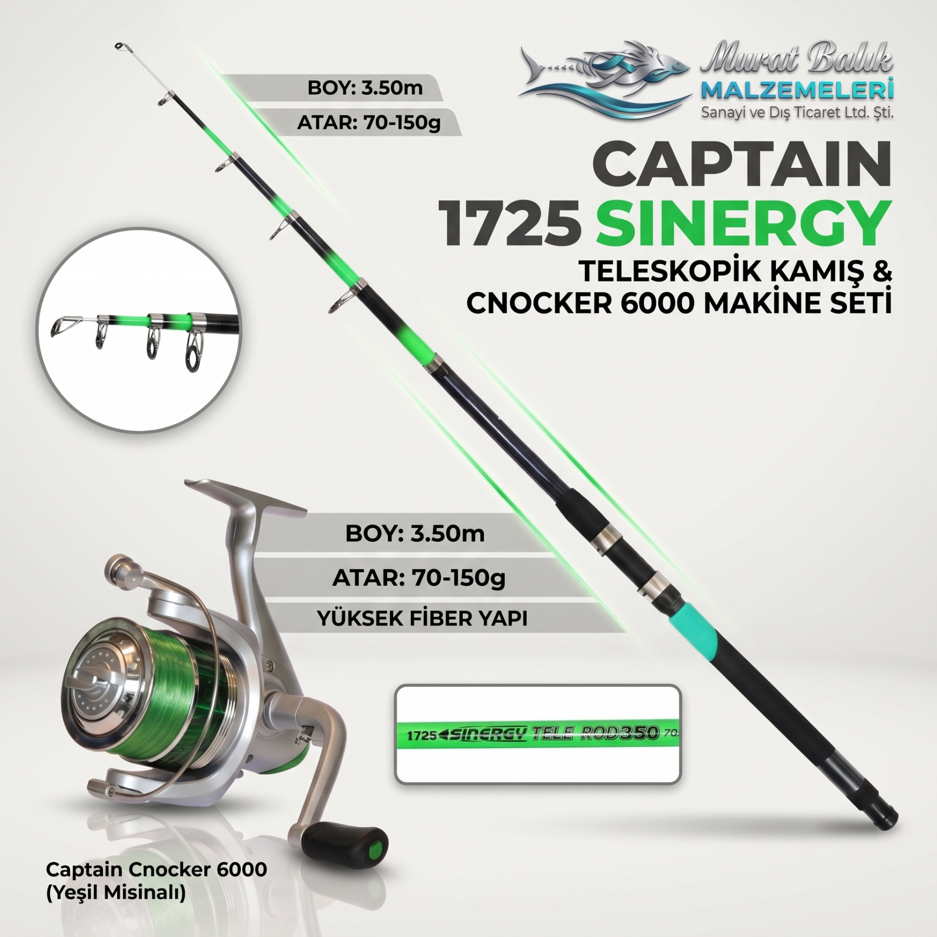 Captain 1725 Fiber Kamış & Cnocker 6000 Kıyı ve Tekne Olta Seti (YEŞİL SET)