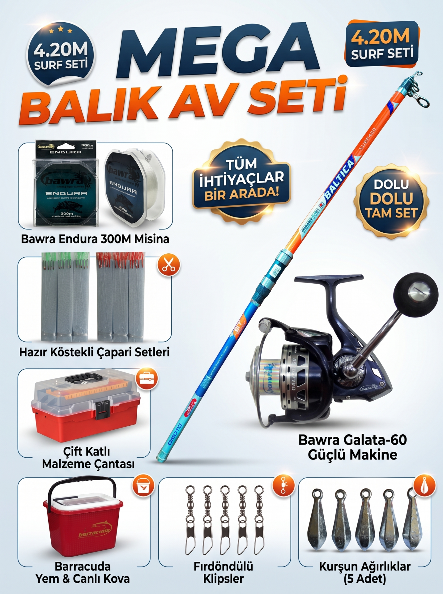 OMOTO Baltica 4.20m Surf Kamış ve BAWRA Galata 60 Mega Balık Av Seti (Kovalı & Çantalı)