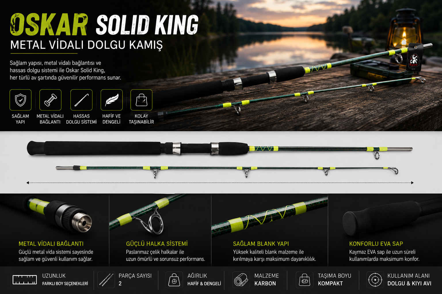 Oskar Solid King Metal Vidalı Dolgu Kamış 210cm